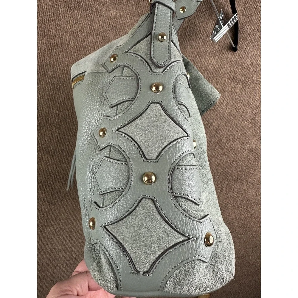 Aimee Kestenberg Hobo Bag Womens Medium Green Suede Leather Studded Gold